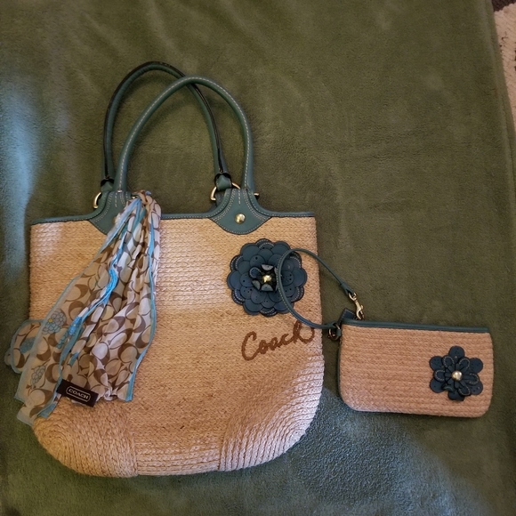 Coach straw bag with matching wristlet and scarf